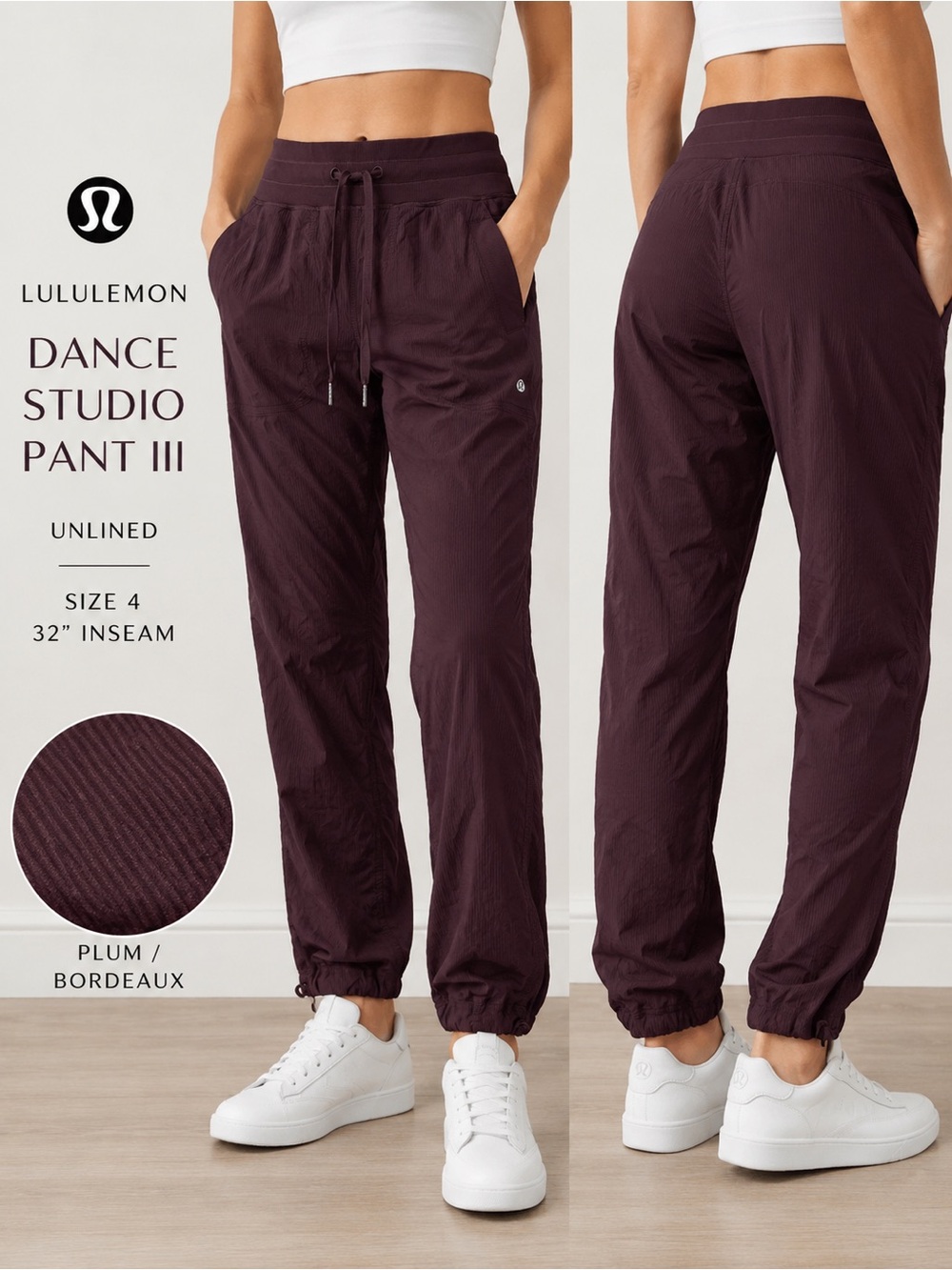 Lululemon Dance Studio Pant III Unlined Plum Burgundy Lightweight Travel Size 4